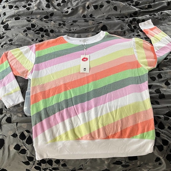 WILDFOX Road Trip Striped Vintage Varsity Fabric Long Sleeve Sweater Rainbow - Picture 11 of 11